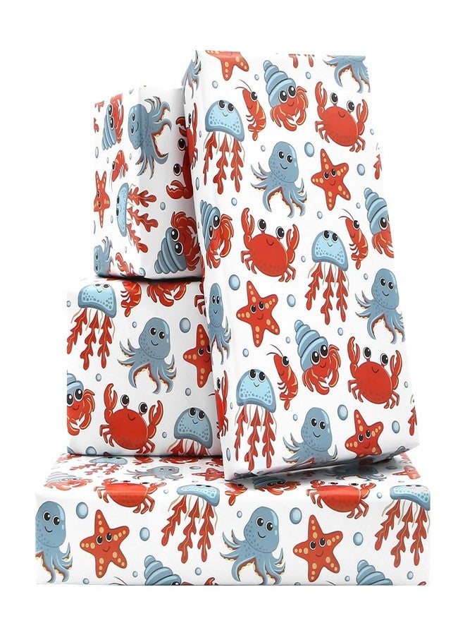 Geluode Ocean Wrapping Paper, Birthday Wrapping Paper for Boys Girls Kids, Crab Starfish Octopus Jellyfish, 4 large sheets 20x28 inches Per Sheet for Birthday Christmas Baby Shower Holidays - Image 1